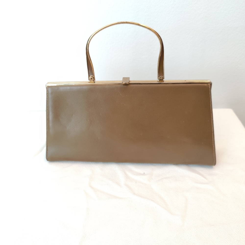 Vintage Block greenish brown color hard metal handle purse